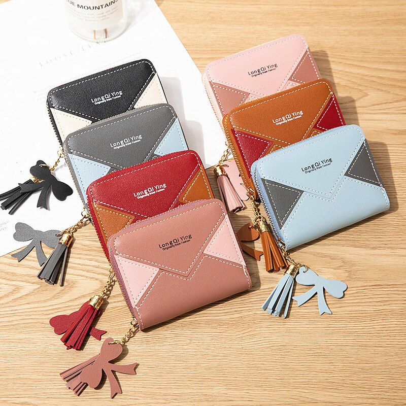 stitching color card clip change small wallet ladies short zipper tassel wallet mini coin purse