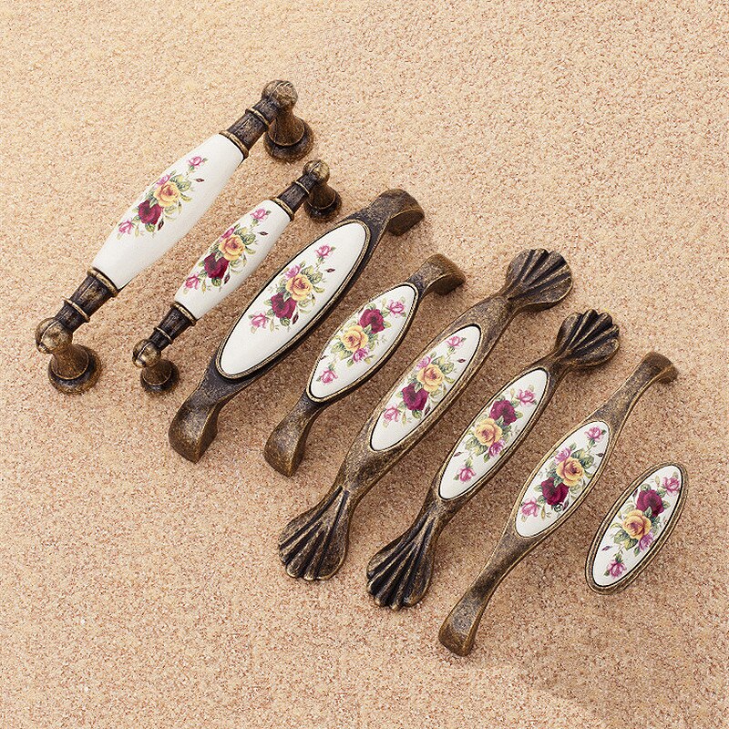 Alloy Knobs Vintage Rural Flower White Bronze Ceramic For 8 Sizes Cabinet Cupboard Kitchen Accessories Door Handles