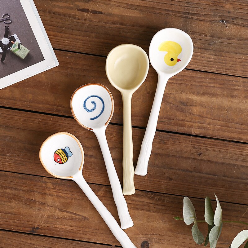 Japanese-style small soup spoon household hand-painted ceramic tableware spoon dessert spoon 1PC