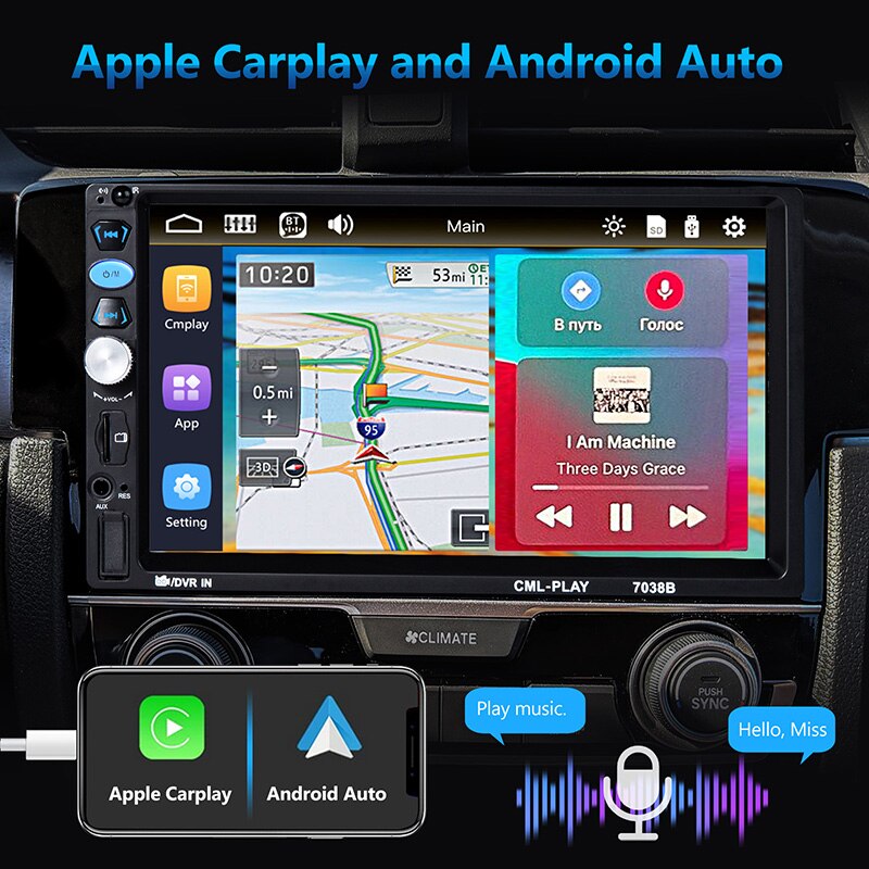 Autoradio car  mp5 player apple carplay android auto touch screen spejl link universal 2 din 7 tommer hd reversing bluetooth tf usb