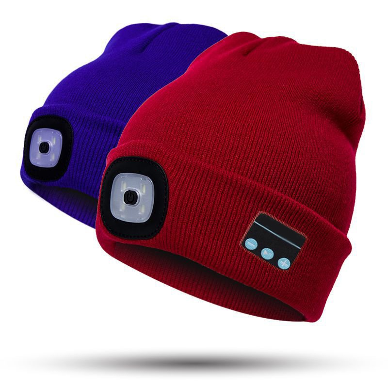 Bluetooth-muts met led-koplamp, verlichte muts, oplaadbaar met draadloze bluetooth-winterwarme gebreide muts en t8
