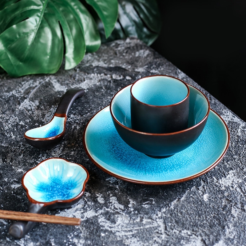 Japanse Keramische Rijstkom Bone Schotel Lepel Thee Cup Restaurant Set Moderne Home Snack Dessert Sushi Schotel Hotel Huishoudelijke Servies
