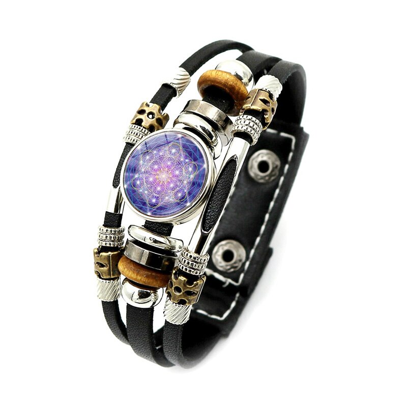 Mysterieuze Metatron Cube Vintage Armband Heilige Geometrie Bloem Van Leven Drukknoop Multilayer Punk Lederen Armband: Style-4