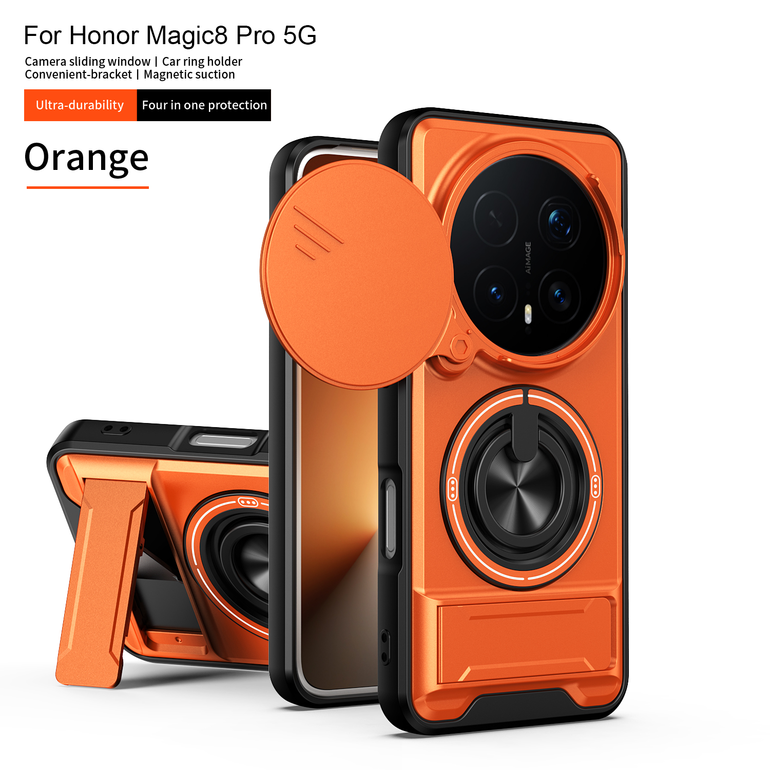 Panzer-Handyhülle für Honor Magic 8 Pro 5G mit Objektivschutz, Magnetring-Ständer und Rückenschale für Magic 8 7 6 5 4 Lite: Leinwand / Orange