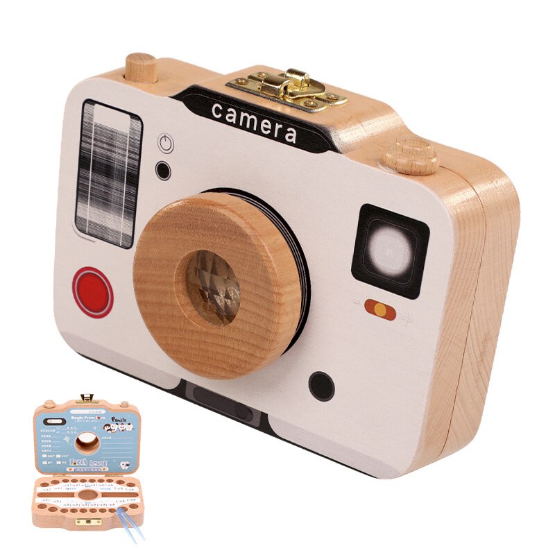Caja de dientes con forma de cámara para niños, organizador de madera para guardar dientes de leche, gran: Blanco