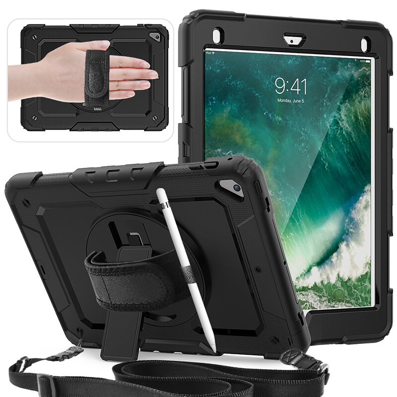 Universal Though Rugged Case for ipad air 2 6th 5th gen pro 9.7 inch Hand Strap cases with Kickstand Stand and Shoulder Strap: BLACK