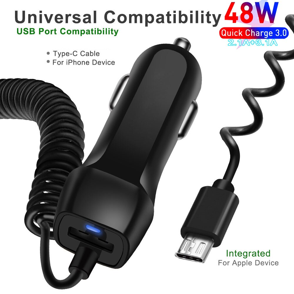 48W Usb Snelle Autolader Stretch Kabel Adapter Voor IPhone13 12 11 Pro Max Samsung Galaxy Note20 Android Type-C Auto-oplader