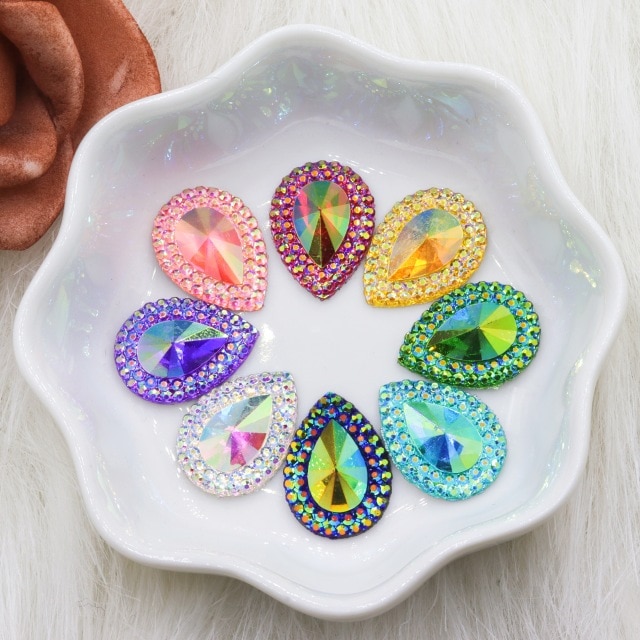 Gema de cristal con forma de gota brillante y colorida, pedrería de resina plana de 13x18mm para costura, apliques artesanales de boda, 25 uds.: Mixed