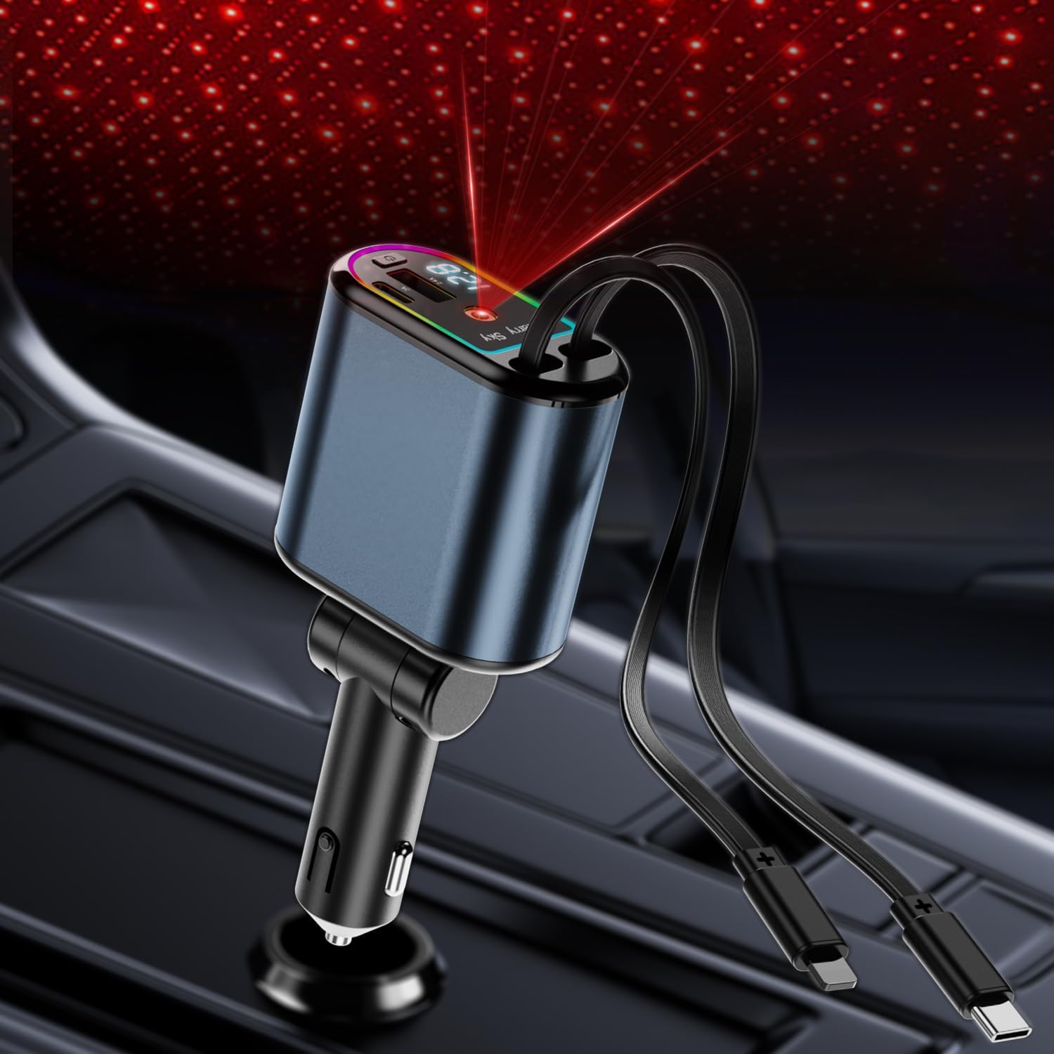 Adaptador de cargador de coche retráctil mejorado de 120W con Starlight, cargador de coche USB de carga rápida 4 en 1 con 2 puertos USB accesorios para coche: Negro