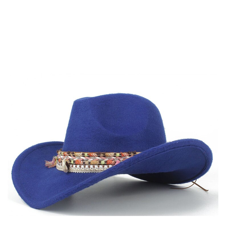 Kvinder uld hule vestlige cowboy hat dame jazz outback jazz toca sombrero cap størrelse 56-58cm: Blå