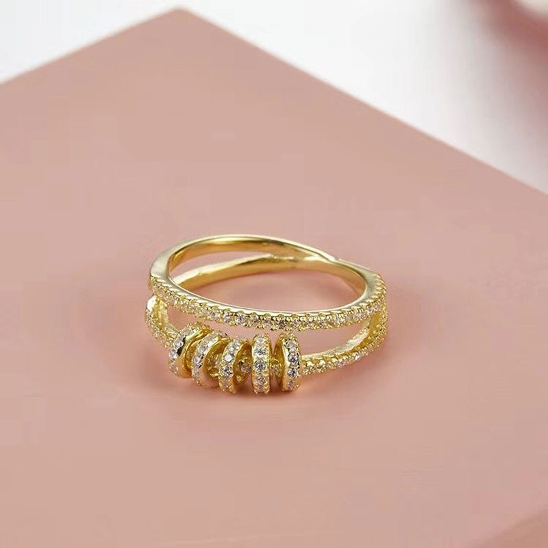 SLJELY Real 925 Sterling Silver Black Rose Gold Colors Double Circles Ring with Sliding Ring Zirconia Women Fine Jewelry: 6 / Gold