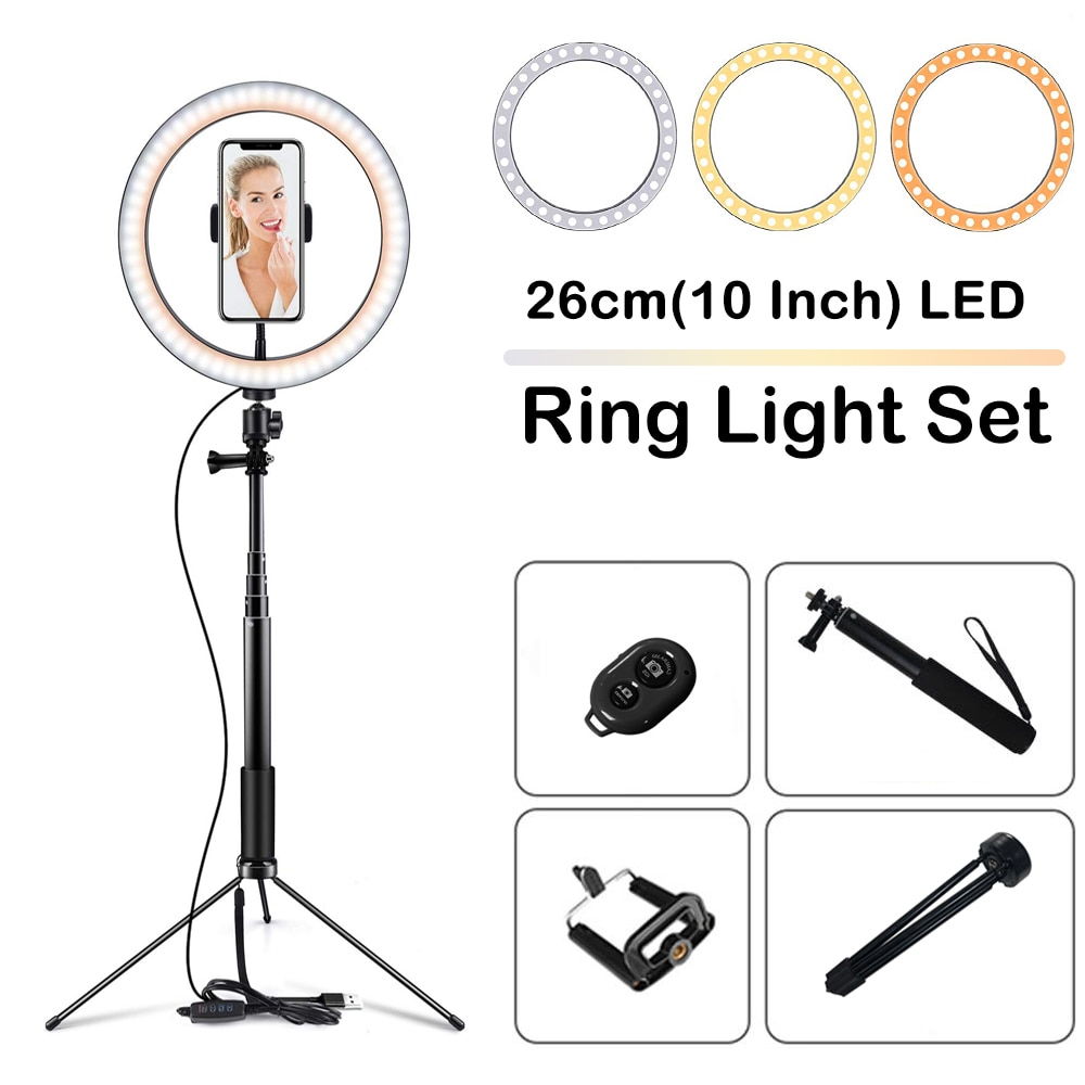 LED Selfie Ring Light with Selfie Stick 10inch Camera Phone 26CM Ring Lamp With Stand Tripod For Makeup Video Live Studio