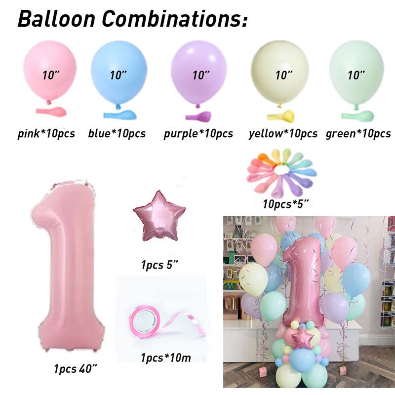 63Pcs/set Number Foil Latex Balloons for Kids Birthday Party Decoration 1st One Year Birthday Boy Decor Baby Shower Balloon