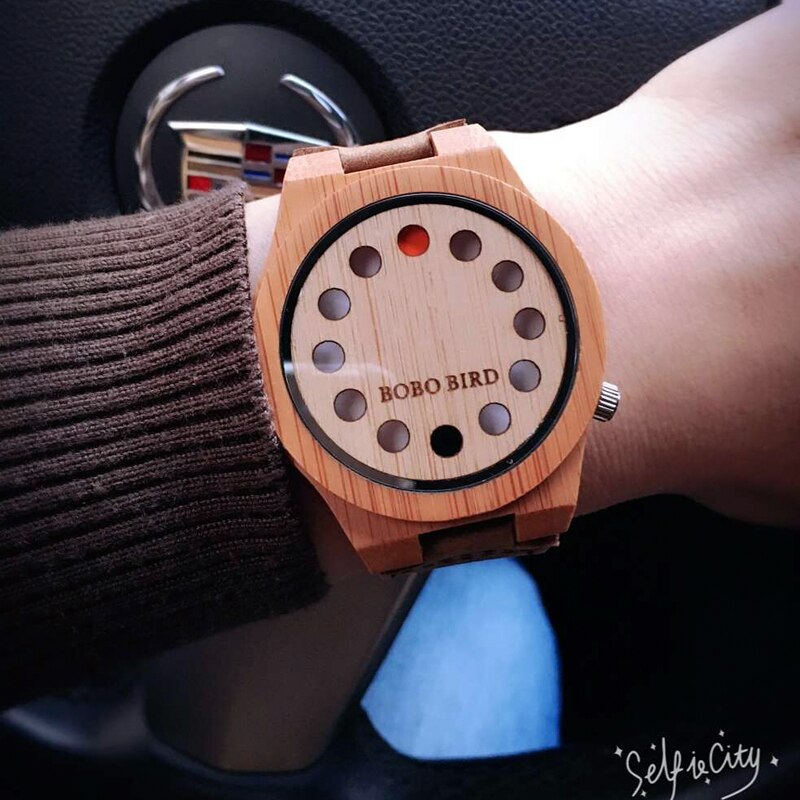 BOBO VOGEL Milieuvriendelijke Houten Horloge Heren Top Luxe Unieke Gaten Lederen Quartz Horloge met Lederen Band