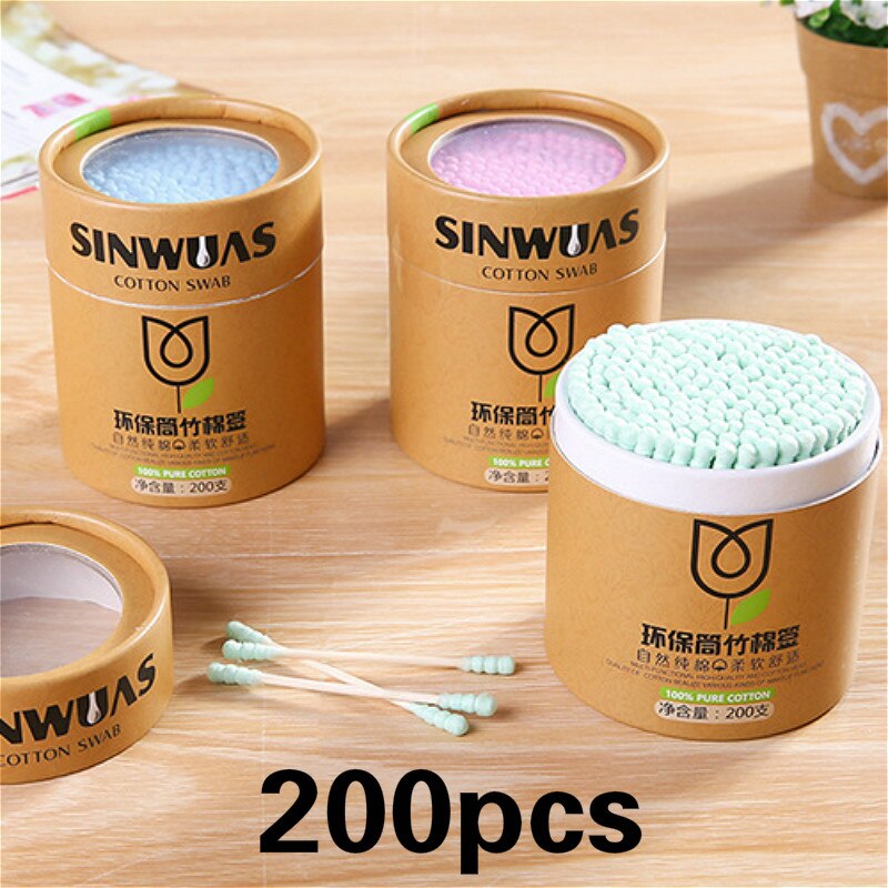 Bastoncillos de algodón para bebé, palitos de madera de bambú de 200 unids/caja, palitos de algodón suave para limpieza de orejas, tampones, Cotonete, pampones, salud y belleza