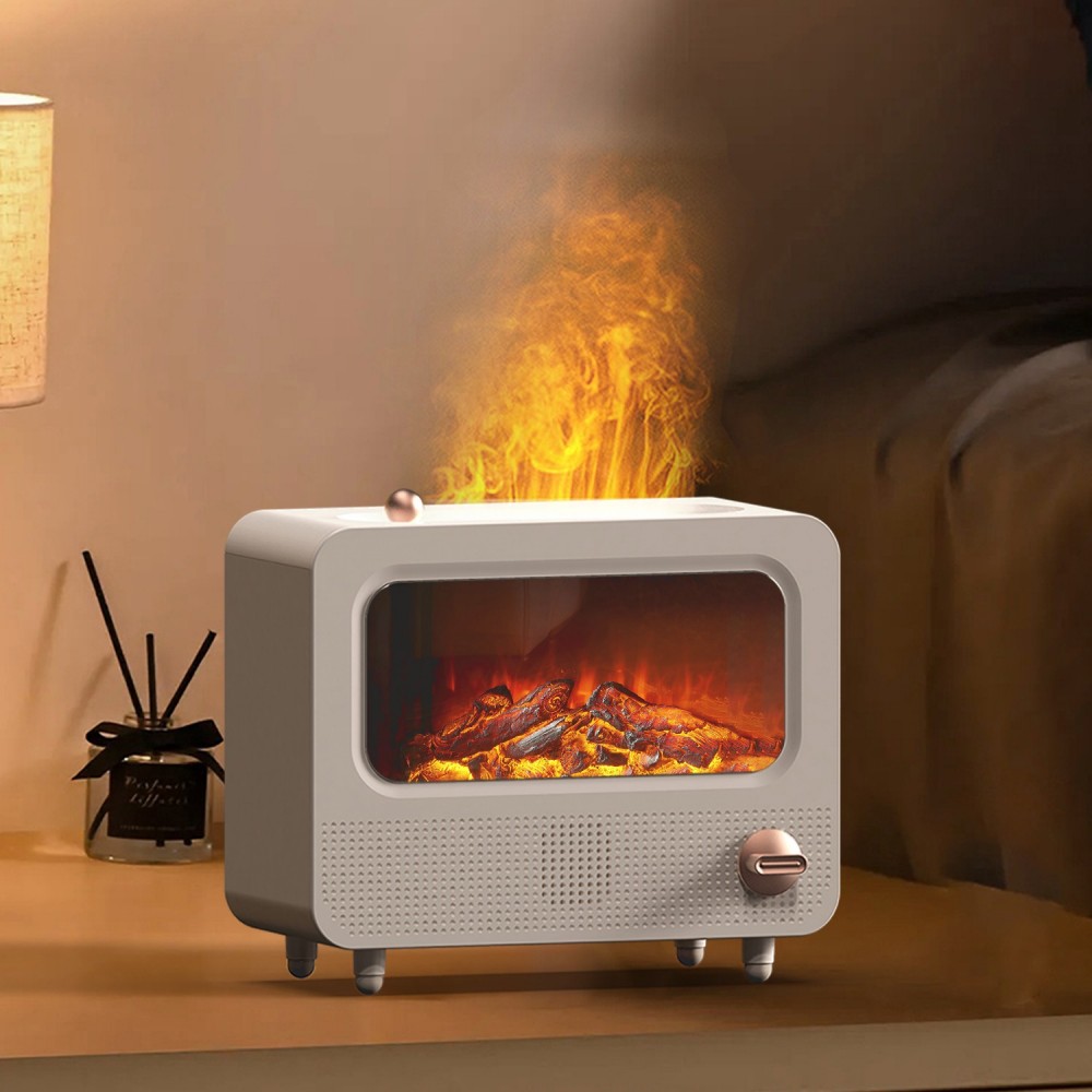 Humidificador de aire con llama de ruido blanco, chimenea Retro, Bluetooth, reproducción de música, aceite esencial, difusor de aromaterapia, iluminación colorida: Blanco