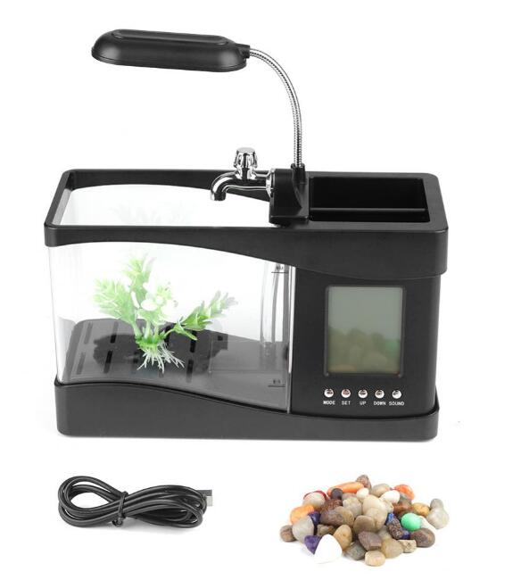 Mini Aquarium Fish USB Aquarium With LED Light LCD Display Screen and Clock Fish Aquarium Fish Tanks Black/ White Table Decor: Black
