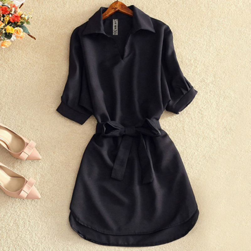 Casual hvit tunika kvinne kjole sommer kontor dame chiffon skjortekjole for kvinner kortermet solide sashes kjole vestidos