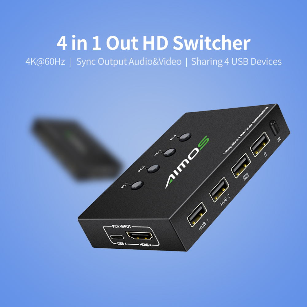 AIMOS 4K @ 60Hz Schalter 4 Hafen USB Umschalter Wähler 4 in 1 aus Umschalter mit Fernbedienung synchronisieren Ausgang Audio- &Ampere; Video