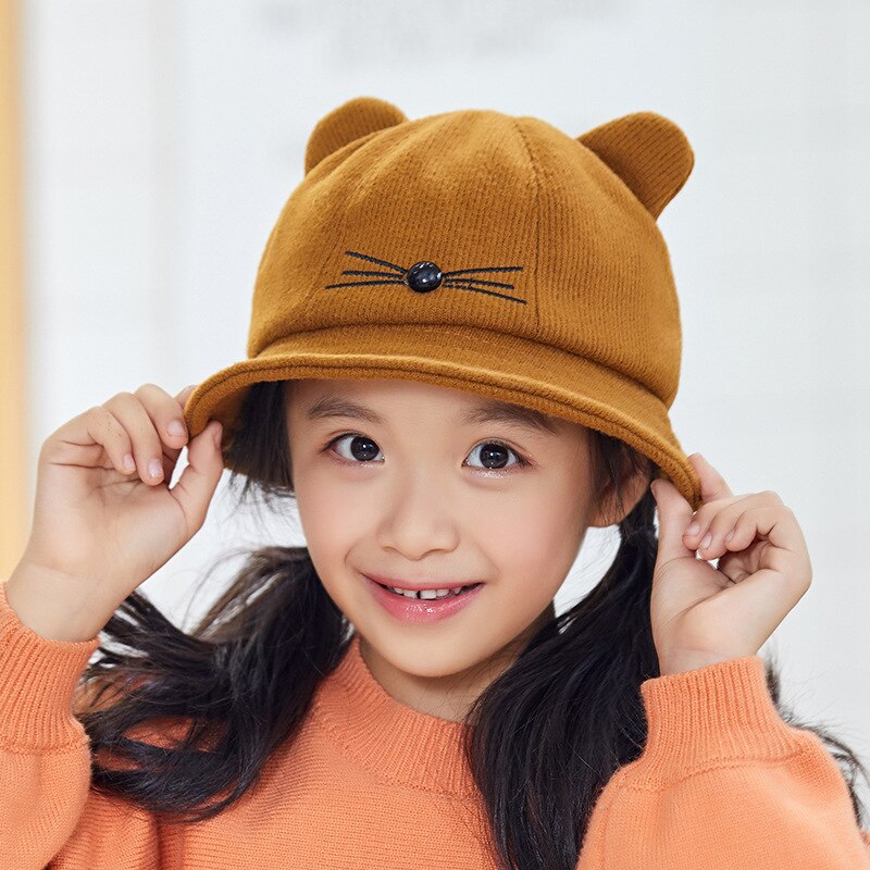 Winter Bucket Sun Hat Cute Outdoor Cat Ear Hats kid Thick Warm Caps Autumn: Brown