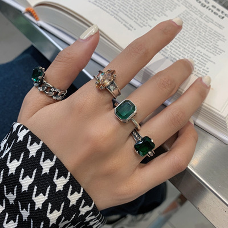 AOMU Retro Distressed Metal Green Zircon Geometric Round Square Luxury Opening Ring for Women Jewelry