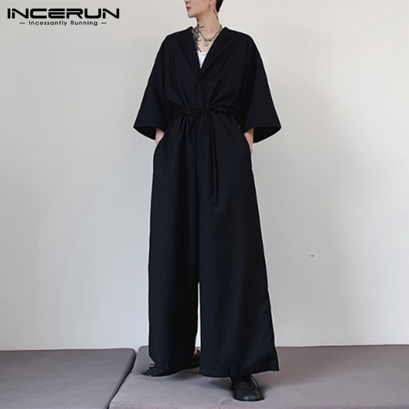 Incerun herre jumpsuit med brede ben solid punk v-hals halværmede overalls streetwear herrebukser baggy afslappede bukser 5xl