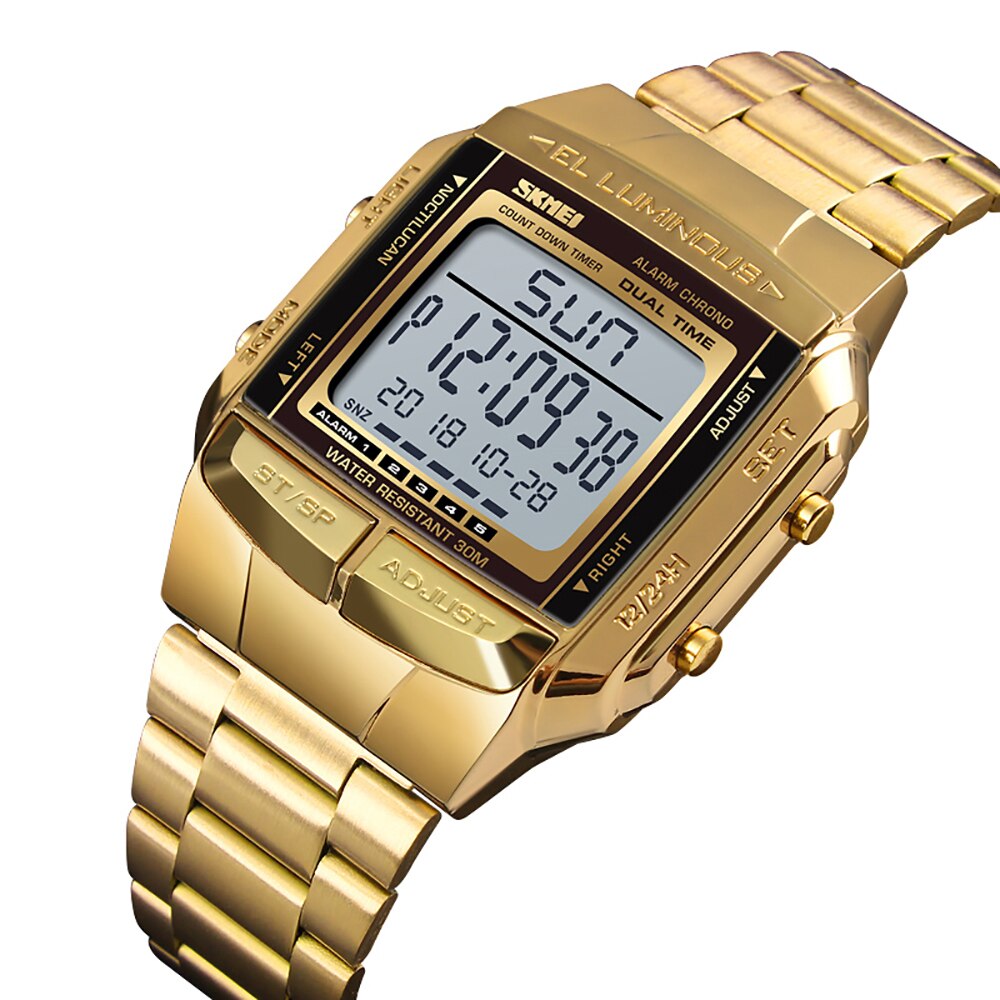 Mannen Analoge Digitale Horloge Mode Casual Sport Horloge 2 Tijd 5 Alarm 3ATM Waterdicht Roestvrij Stalen Band Backlight