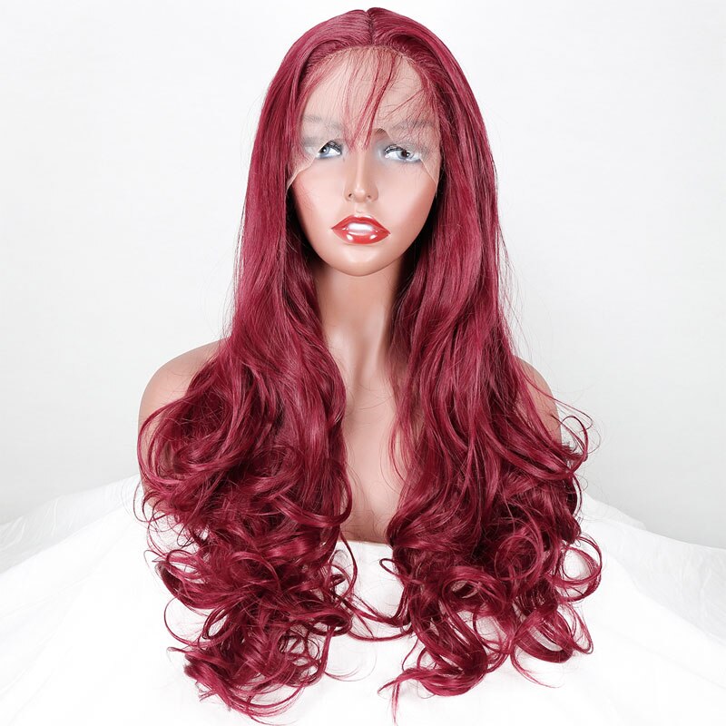 Bombshell Wine Red Burgundy Body Wave Synthetic Lace Front Wig Heat Resistant Fiber Middle Parting With Baby Hair For Women Wigs