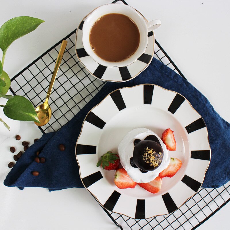 200ml Retro British Tea Coffee Cup and Saucer Set Black Polka Dot Stripes Pattern Ceramic Cups