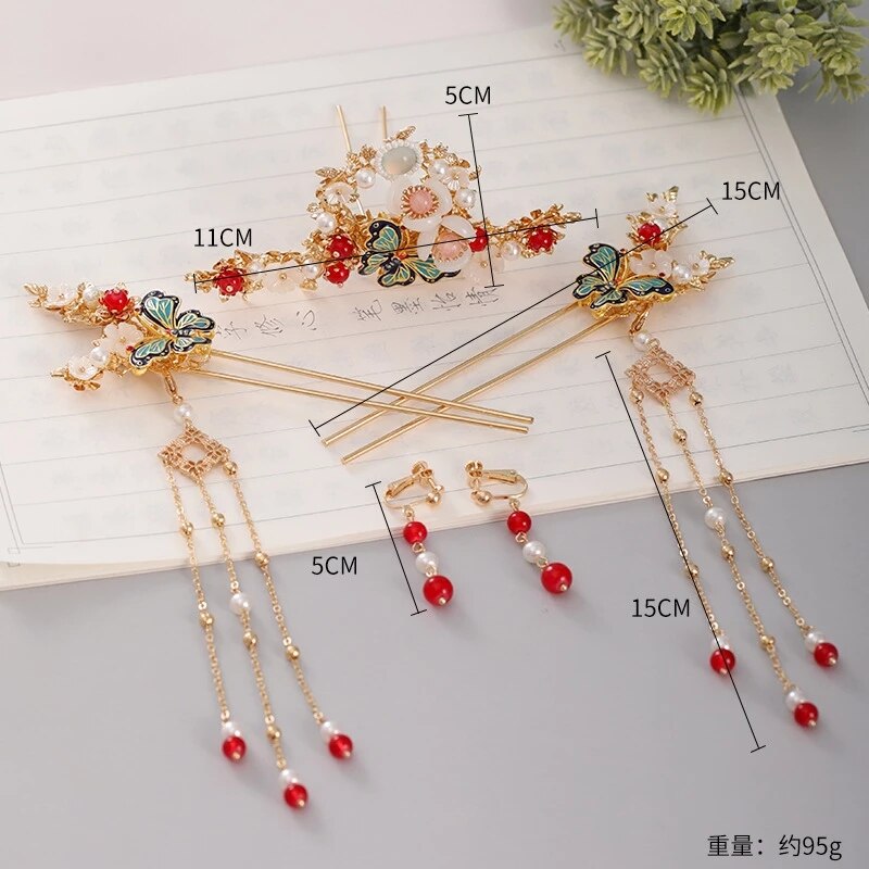 Classic Hanfu Headdress Women Female Tassel Step Shake Golden Butterfly Hairpin Bridal Rhinestone Hair Jewelry Set Accessories