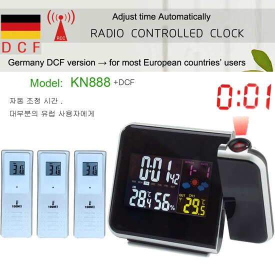 Projection Alarm Clock Weather Station with Temperature Thermometer Humidity Hygrometer/Bedside Wake Up Projector Clock: BLACK-RCC-3 Sensors