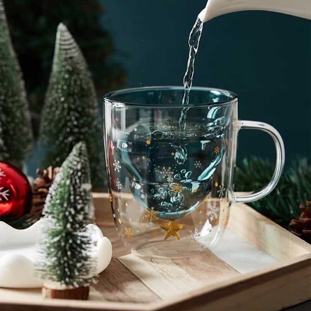 Taza de cristal con tapa para árbol de Navidad, taza de café de vidrio de doble pared resistente al calor con tapa, creativos de Navidad para niñas, 300Ml
