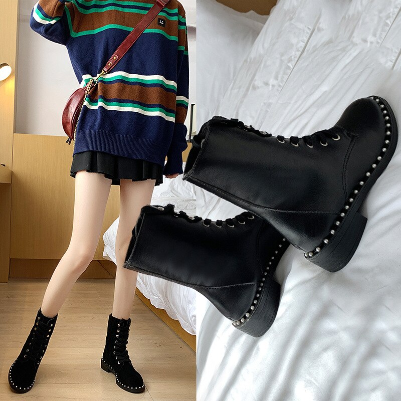Femmes automne bottes tête ronde Martin bottes concepteur épais fond bloc épais avec des bottes pour femmes dames perle dentelle bottes