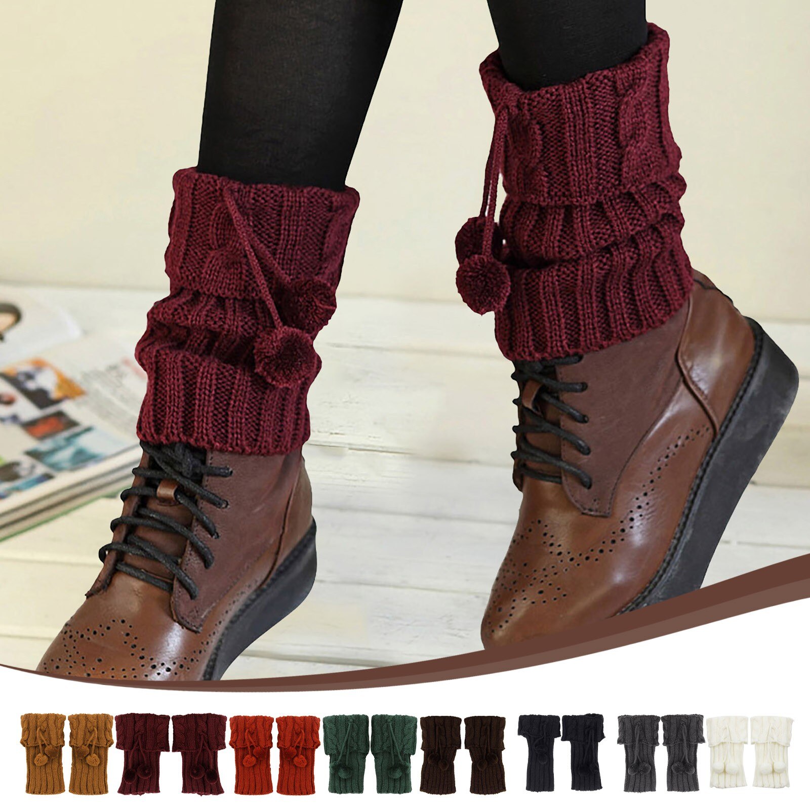 Calentador de piernas para mujer, 1 par, cálido, hasta la rodilla, punto giratorio, Bola de Pelo, ganchillo, calcetines, calentadores de bota