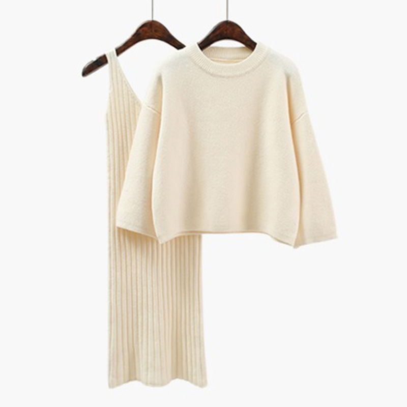2 stk sett genserkjole+ strikkede topper koreansk versjon kvinner trekvart ermet topp med o-hals høy quanlity: Beige
