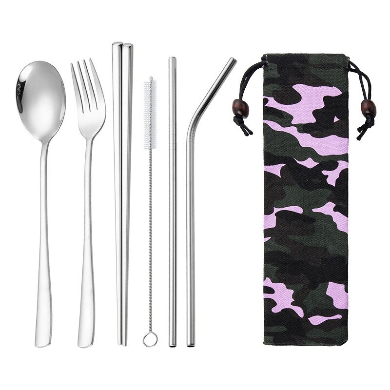 Portable Travel Stainless Steel Utensils Cutlery Set with Spoon,Fork,Chopsticks,Straw 6pcs: silver 6pcs