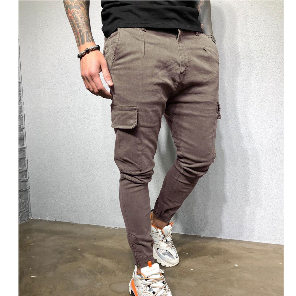 Slim lommer urbane bukser med rette ben for menn joggejoggebukser cargobukse tilfeldig tynne blyantbukser: Xl / Grå