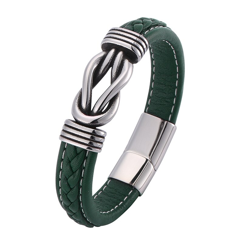 Punk Jewelry Men Green Leather Bracelet Irregular Winding Graphic Stainless Steel Magnet Clasp Male Wristband Man SP0770: Inner Perimeter175mm