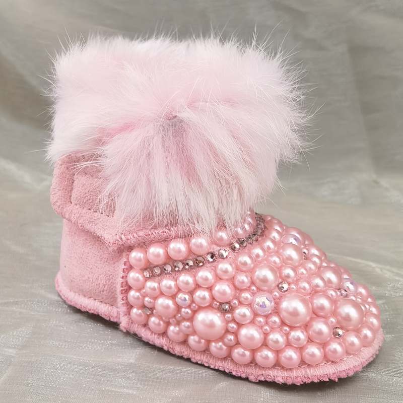 Dollbling Crystal Diamond Baby Snow Boot Warm Furry antiscivolo Bling strass perle regalo ricordo scarpe fatte a mano: pink / 0-6m(4.33inch)