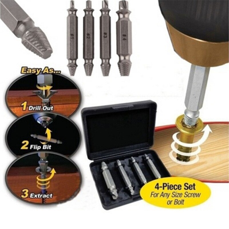 4pcs Broken Breakage Head Screw Extractors Double Ended Damaged Screw Extractor Wood Bolts Remover Extract Drill Tool