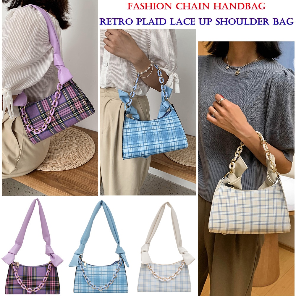 retro Plaid Frauen Handtasche Tote Krawatte Knoten Kette Dame PU Unterarm Schulter Tasche