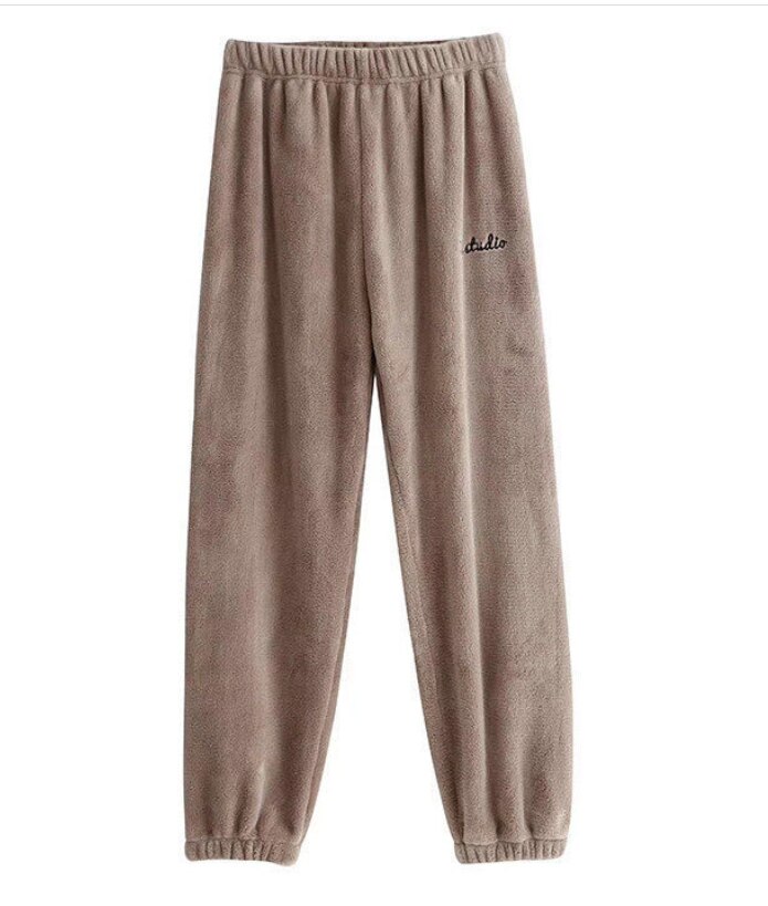 Sleep Bottom Pants Women Winter Full Length Pajama Pants Flannel Casual Soft Warm Daily Homewear Plus Velvet Loose pants: Khaki / 65-75KG