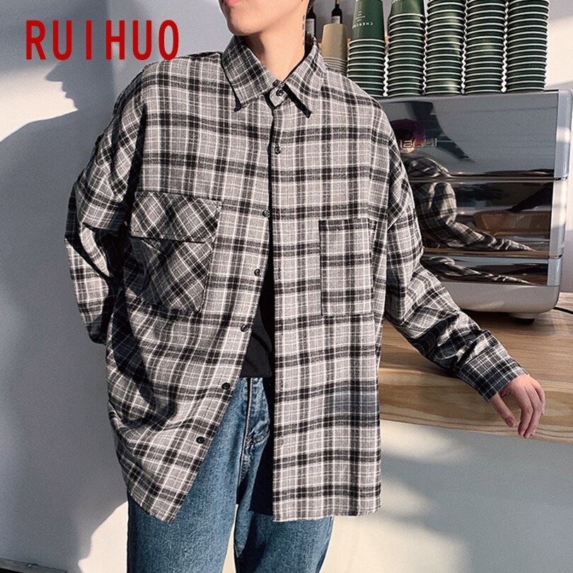 Ruihuo plaid mænd casual skjorter til mænd stor størrelse langærmet skjorte herre tøj slim fit m -2xl