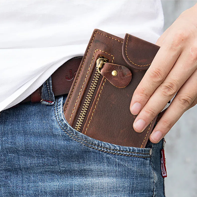 Men's Crazy Horse Leather Short Wallet Genuine Leather Buckle Wallet Vintage Top Layer Cowhide Card Holder Multi-Card Wallet