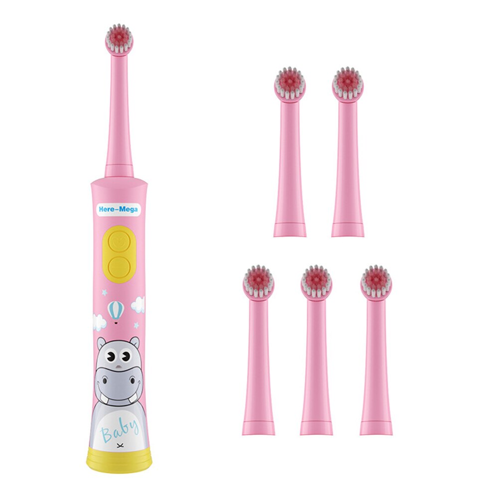 Cepillo de dientes eléctrico de HERE-MEGA para niños, cepillo de dientes automático para niños, cepillo de dientes de bebé con rotación Musical, resistente al agua: R01x pink 6 heads