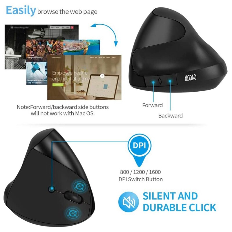 Wiederaufladbare kabellose vertikale maus , 2.4g ergonomische optische mäuse mit 3 einstellbaren dpi 800/1200/ 1600
