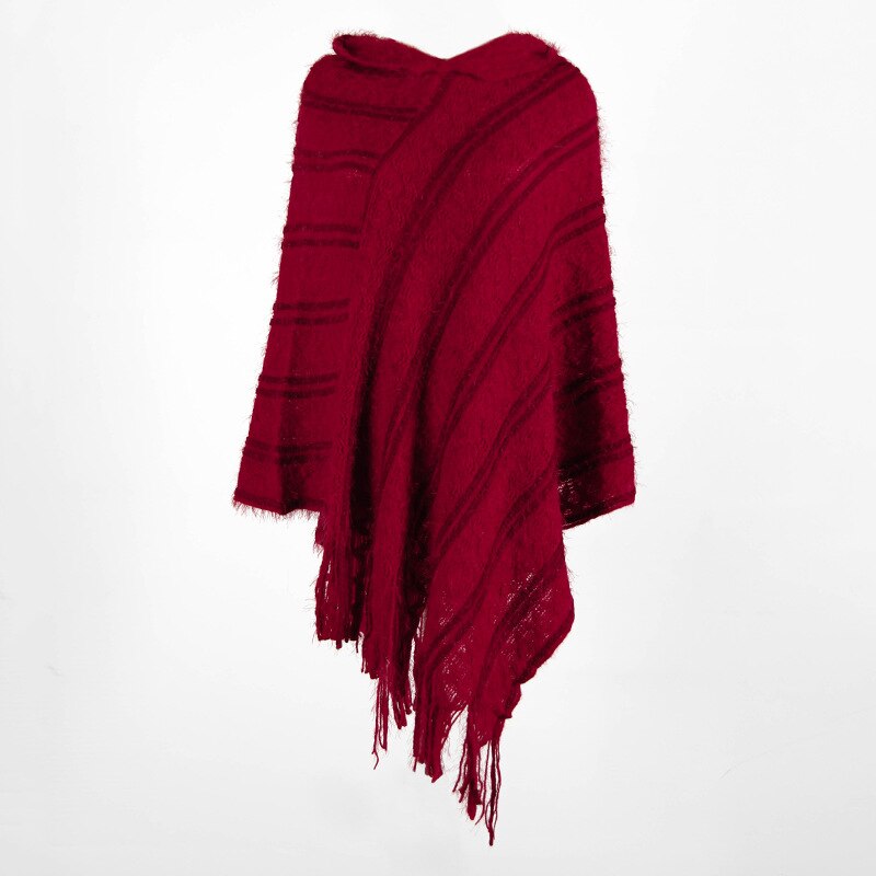 Otoño , manto con capucha para mujer, manto con flecos a rayas, suéter para mujer, Ponchos y capas casuales, ropa de invierno, prendas de vestir para mujer: Rojo