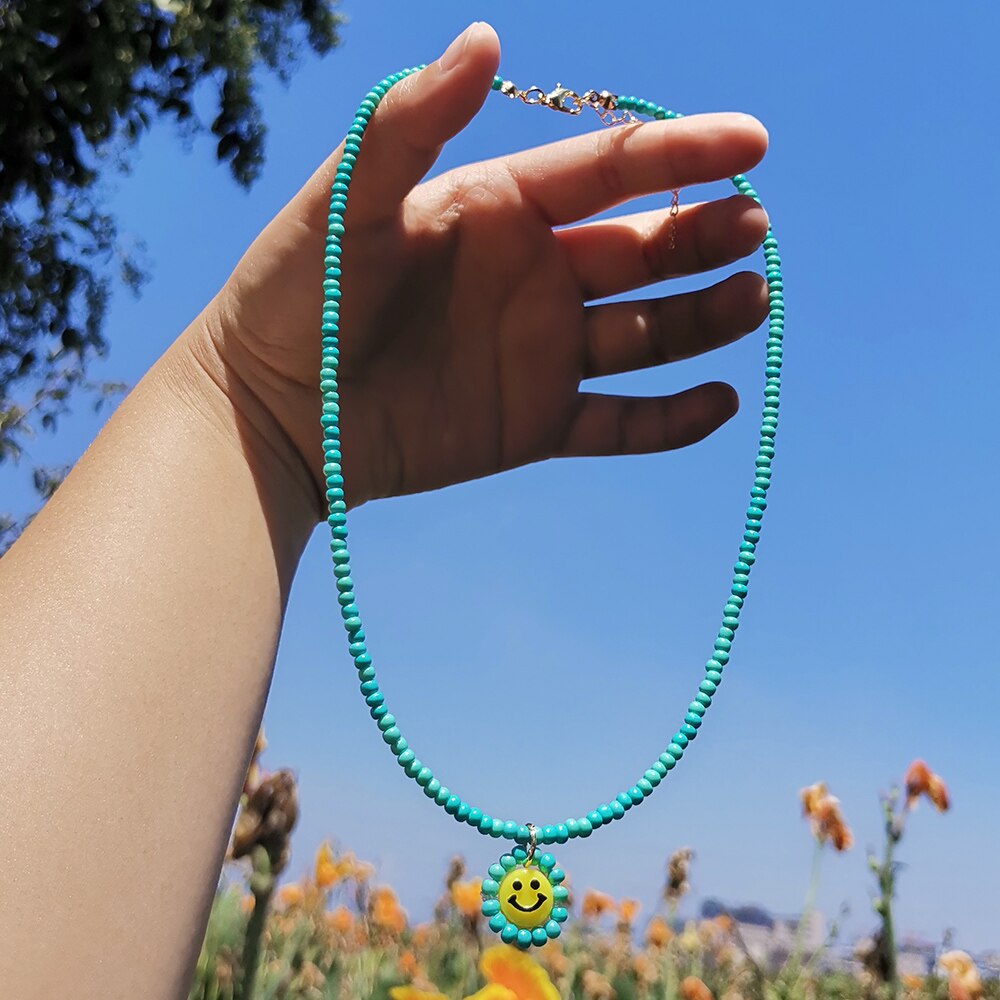 ZX de hecho a mano colorido cuentas de collar de Gargantilla de cadena lindo Similey cara colgante collares al por mayor, joyas de las mujeres Accesorios: blue green
