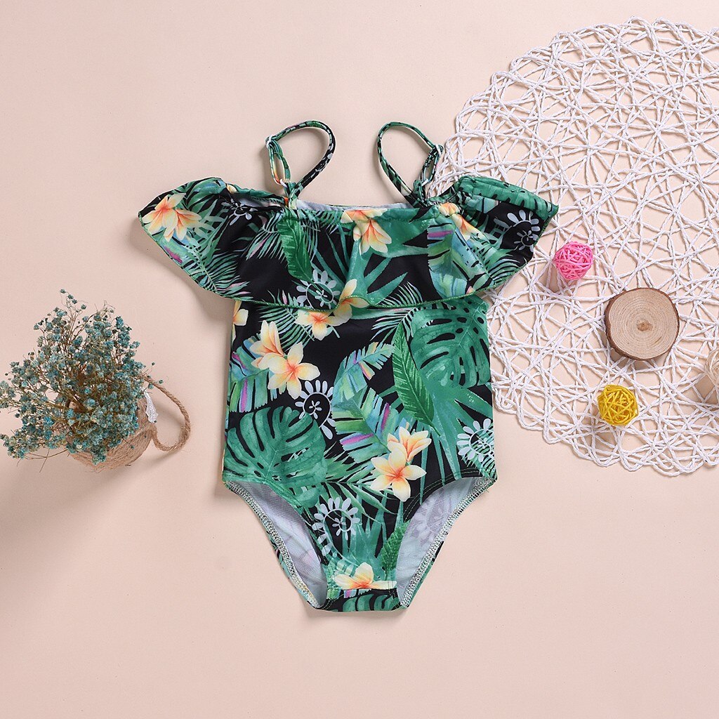 Sommar barn baby badkläder volang hängsel blomma tryckt bikini baddräkt för små barn pojkar flickor söt baddräkt