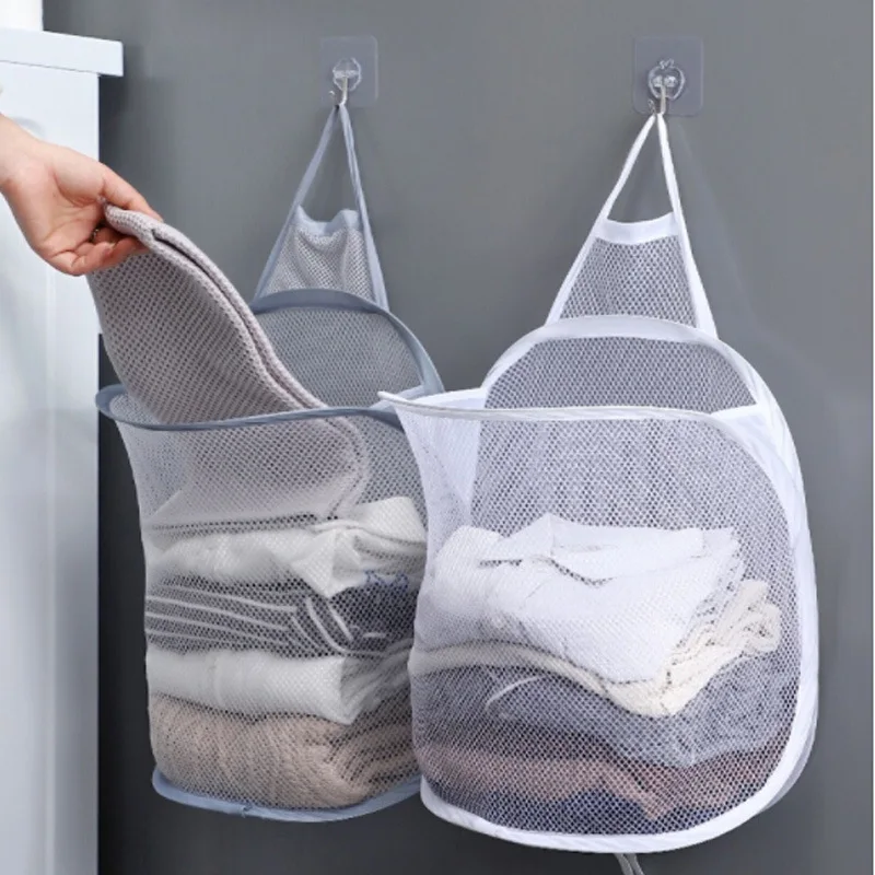 Wall Mounted Foldable Large Capacity Dirty Clothes Basket Laundry Hamper Cloth Nets Storage Organizer Bucket with Lanyard